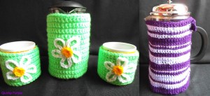 Handmade crochet coffee cosies